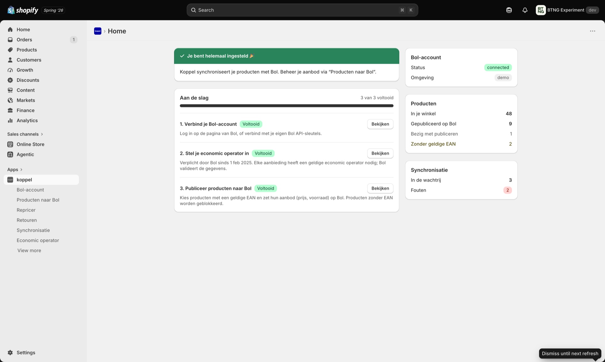 Koppel in de Shopify-admin: Bol-account verbonden, producten gepubliceerd en synchronisatie op één dashboard