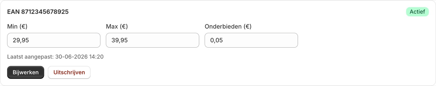 Repricer-instellingen per EAN: minimumprijs, maximumprijs en onderbiedingsbedrag